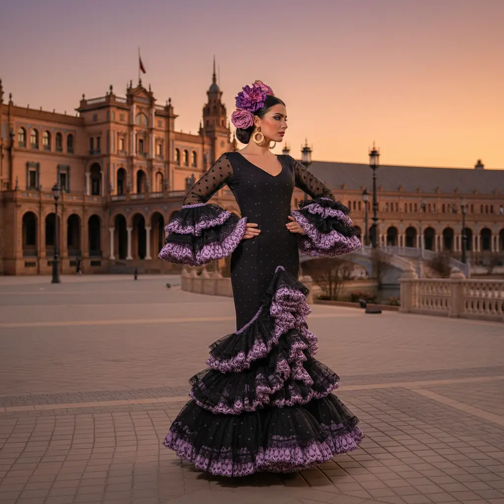 Traje Flamenca: Celine (Negro-Lila, 38)